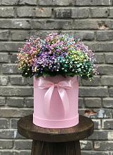 Цветочная композиция из Гипсофила и Розы в шляпной коробке в Хохлово