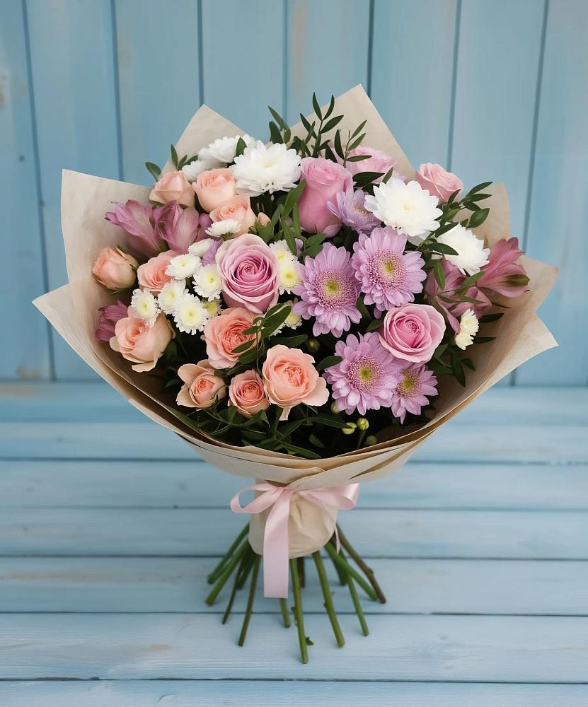 Букет цветов из: Хризантемы, Розы и Альстромерии в Хохлово