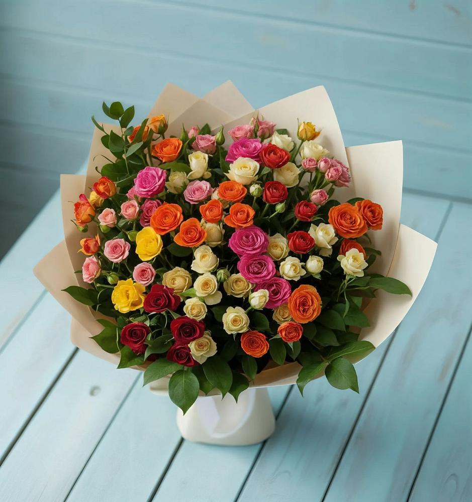 Букет Микс из разноцветных кустовых роз в Хохлово