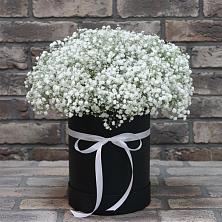 Цветочная композиция из Гипсофила в шляпной коробке в Хохлово