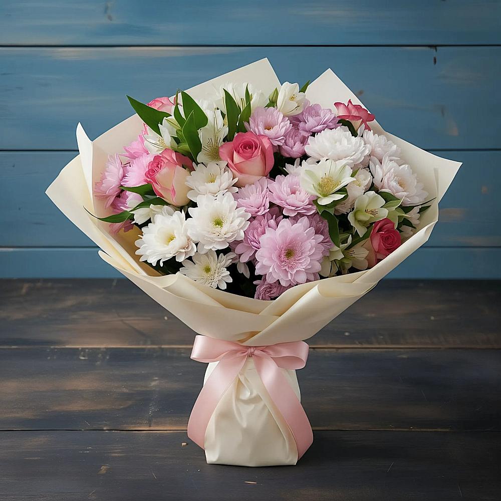 Букет цветов из: Хризантемы, Альстромерии и Розы в Хохлово